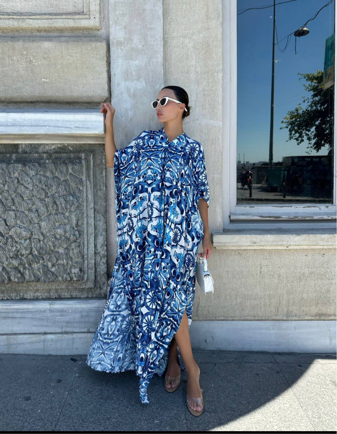 Flowy, blue and white patterned maxi dress