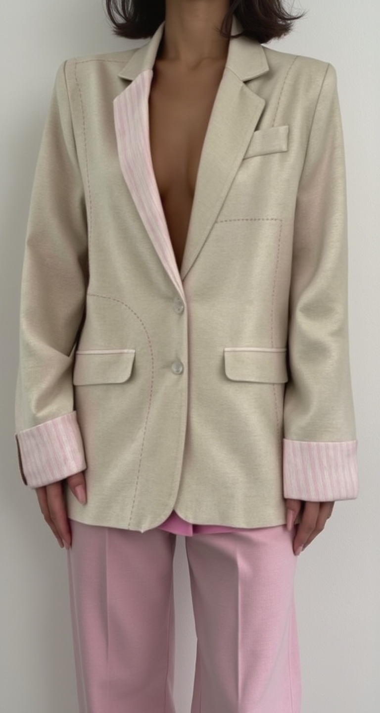Over Size Beige Blazer with contrasting striped lining