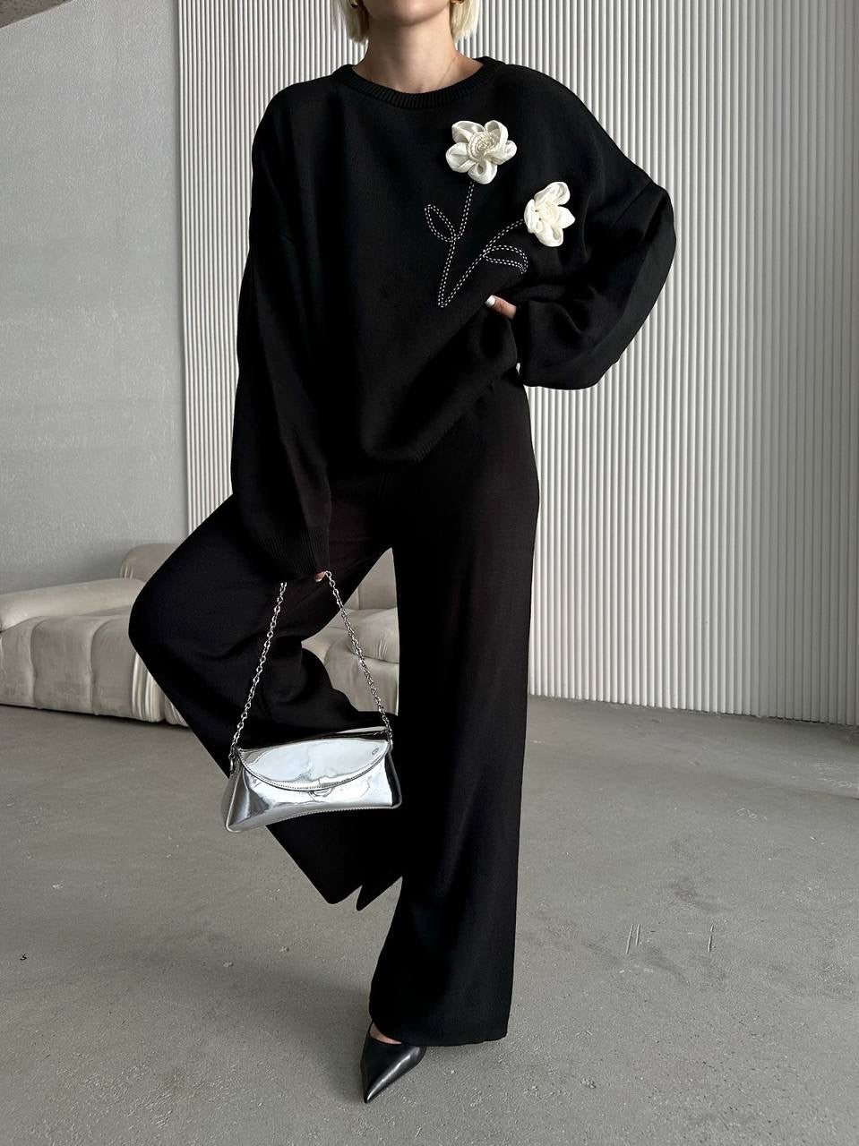 Black Set with delicate floral embroidery