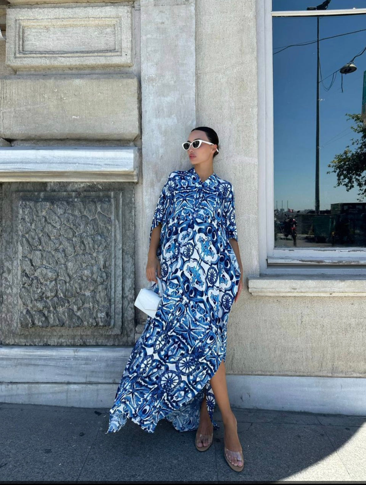 Flowy, blue and white patterned maxi dress