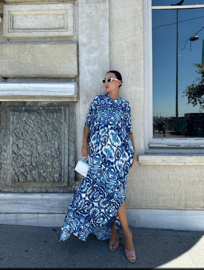 Flowy, blue and white patterned maxi dress