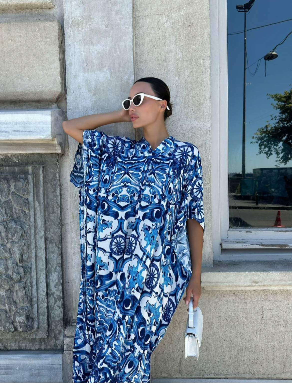 Flowy, blue and white patterned maxi dress