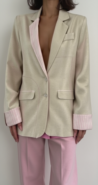 Over Size Beige Blazer with contrasting striped lining