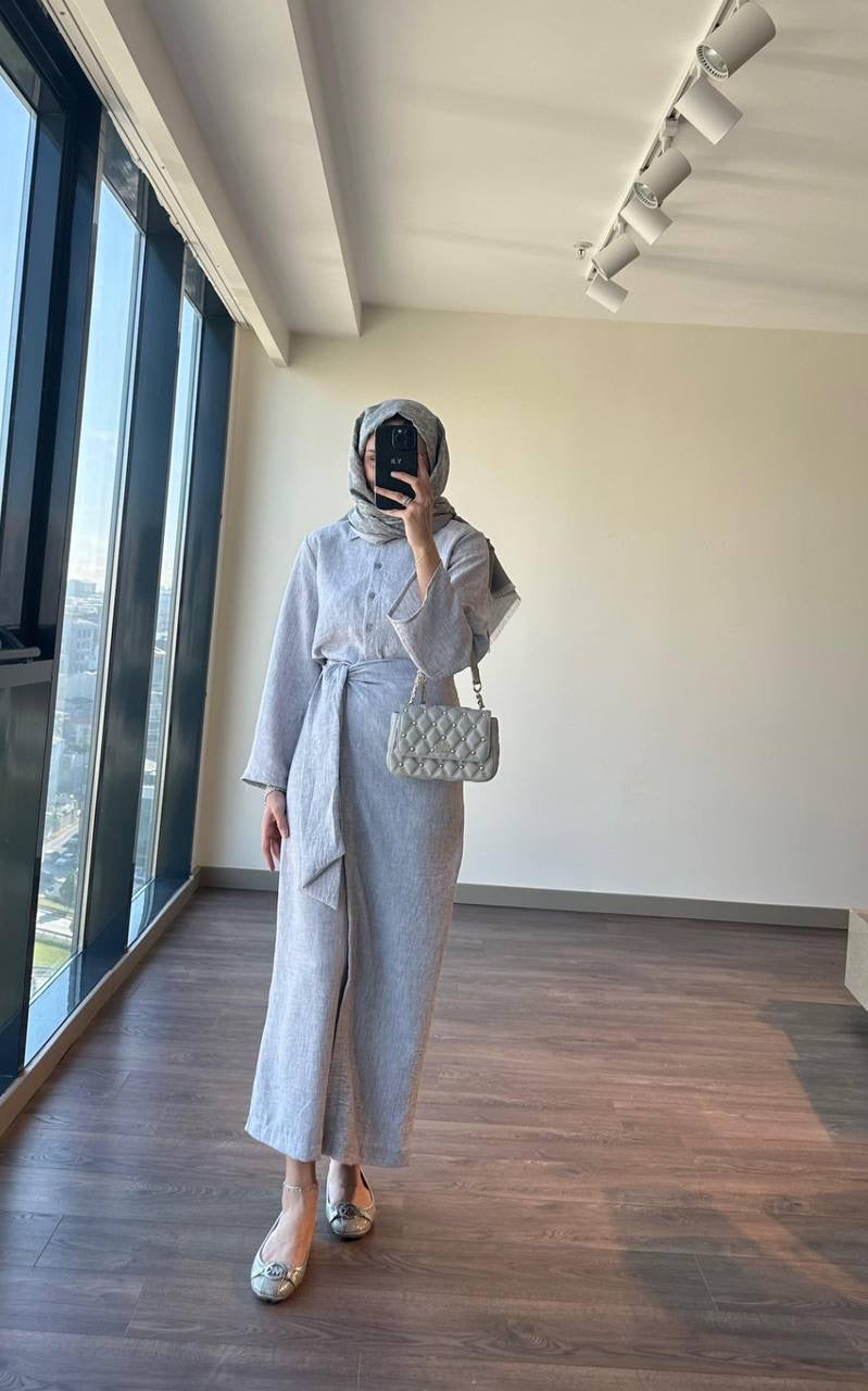 Grey Linen Skirt Set