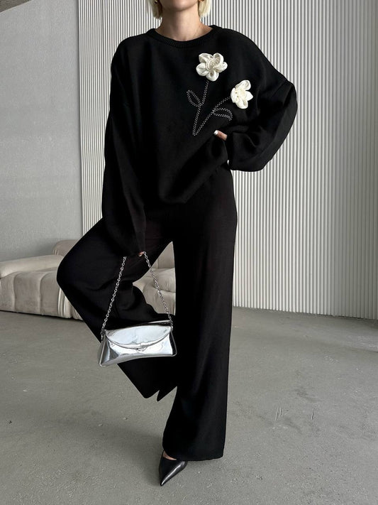 Black Set with delicate floral embroidery