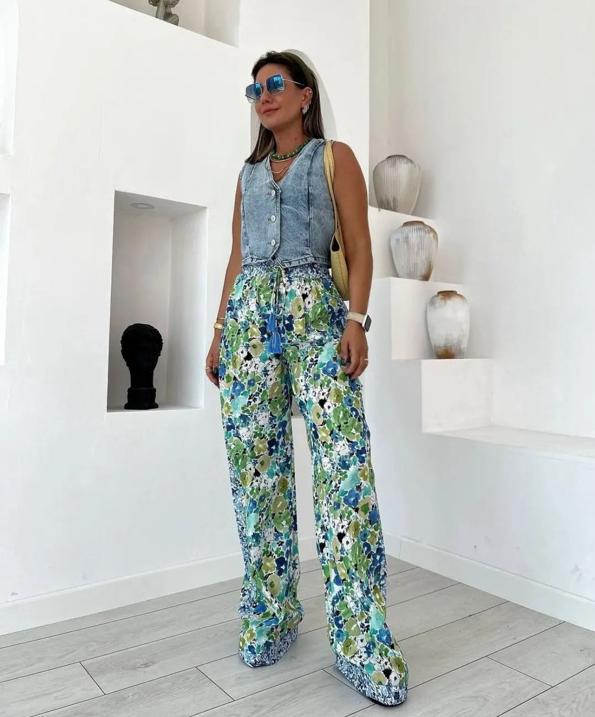 White and vibrant blue patterned Pants