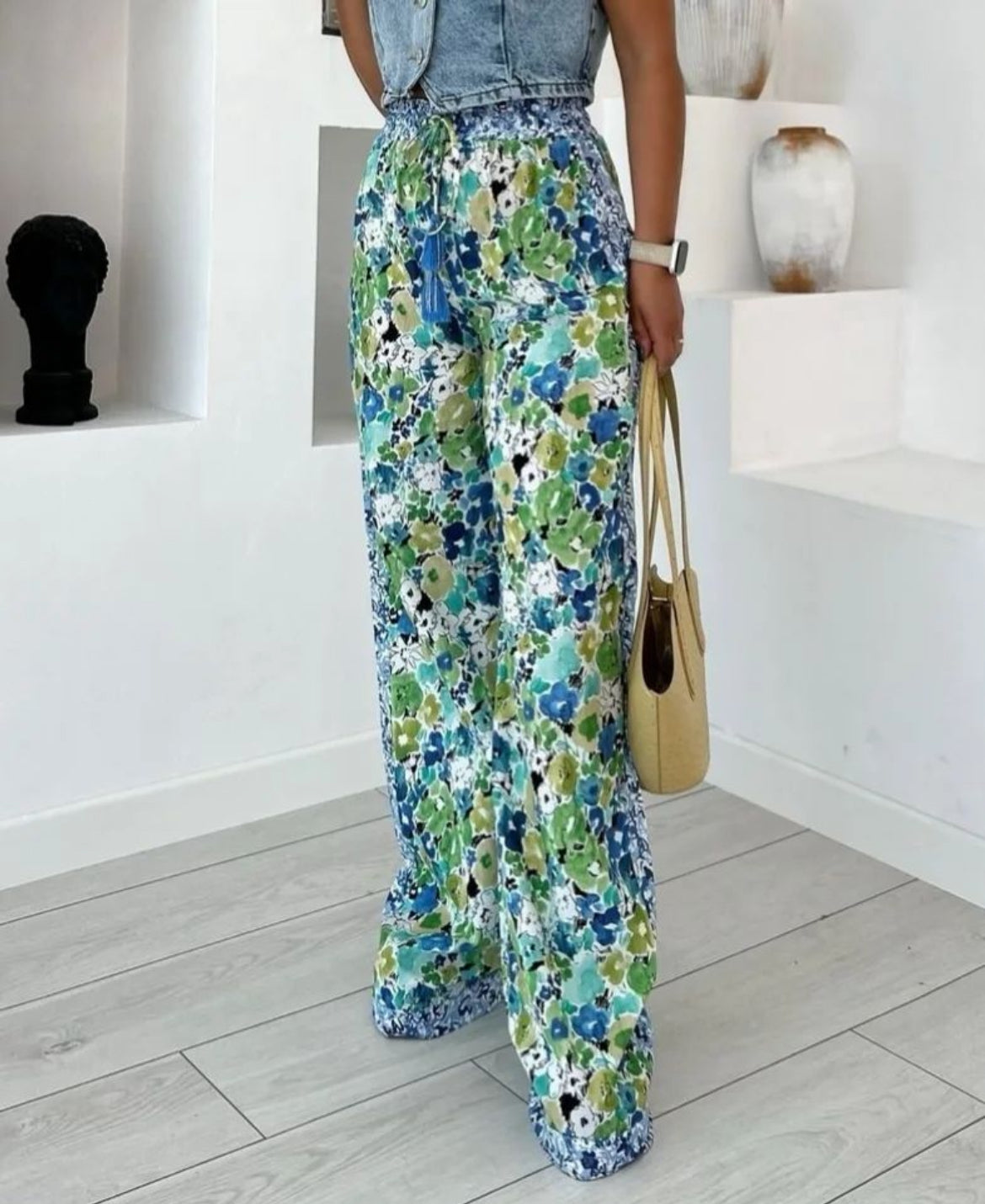 White and vibrant blue patterned Pants