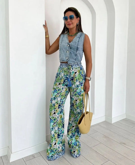 White and vibrant blue patterned Pants