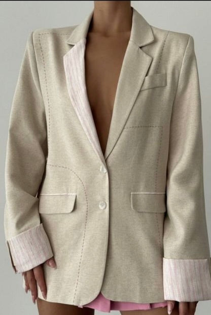 Over Size Beige Blazer with contrasting striped lining